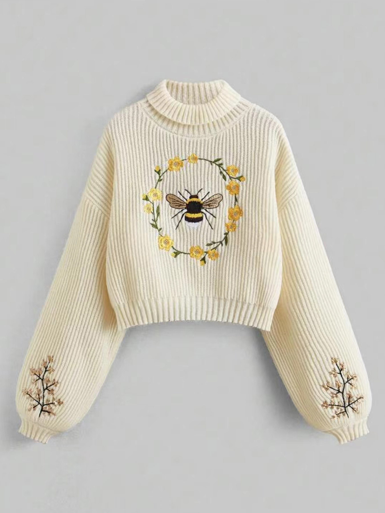 Embroidered Turtleneck Pullover Sweater