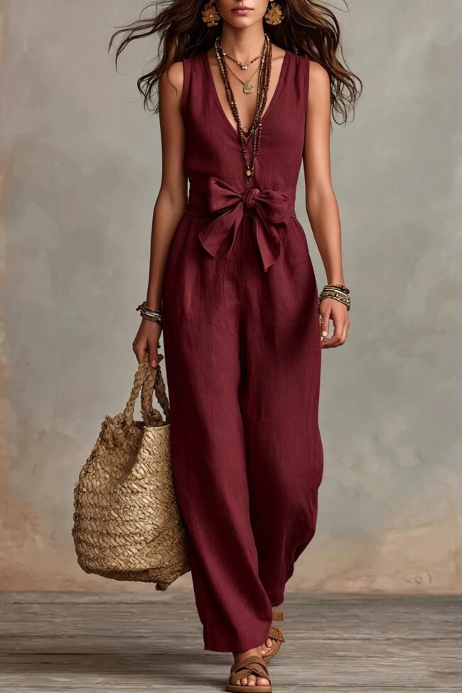 The Audrey V Neck Sleeveless Wide Leg Jumpsuit with Bow Belt Detail – La Rose Couture Dresses & Gowns