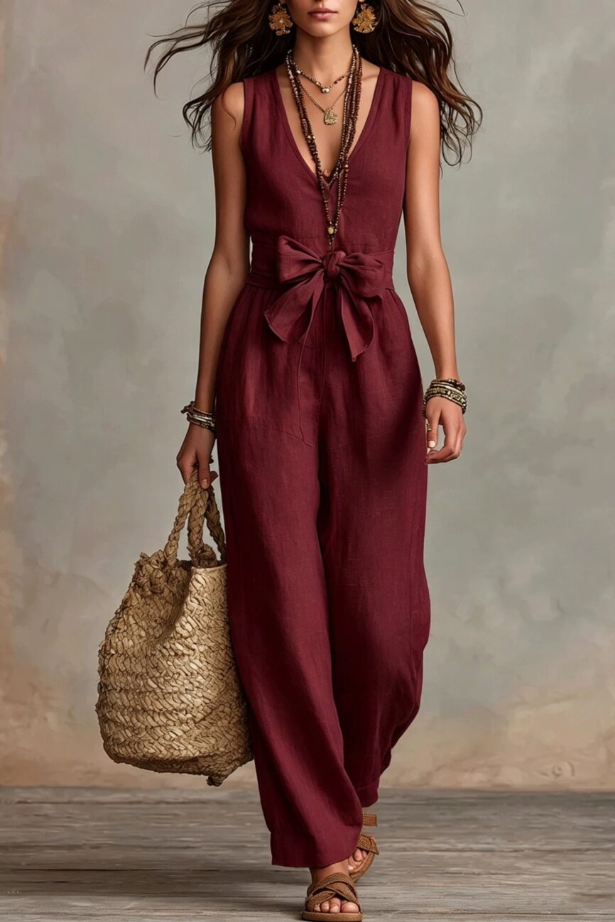The Audrey V Neck Sleeveless Wide Leg Jumpsuit with Bow Belt Detail – La Rose Couture Dresses & Gowns