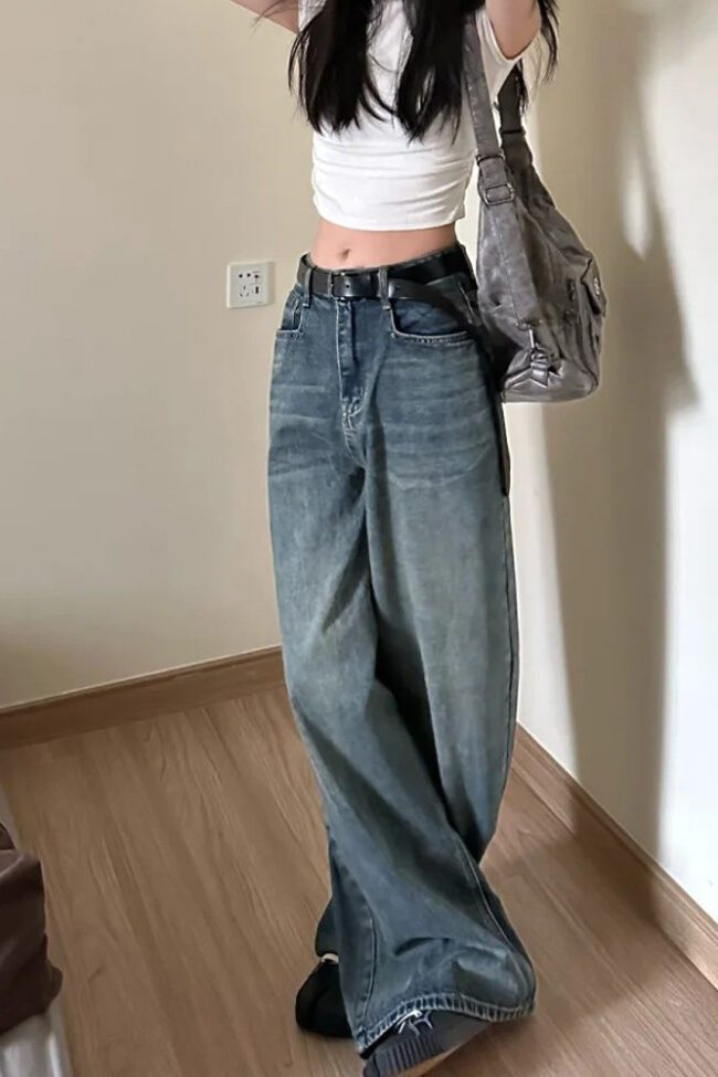 The Colette Vintage Blue Loose Wide Leg Denim Pants for Summer Thin Casual Straight Trousers Detail – La Rose Couture Trousers & Skirts