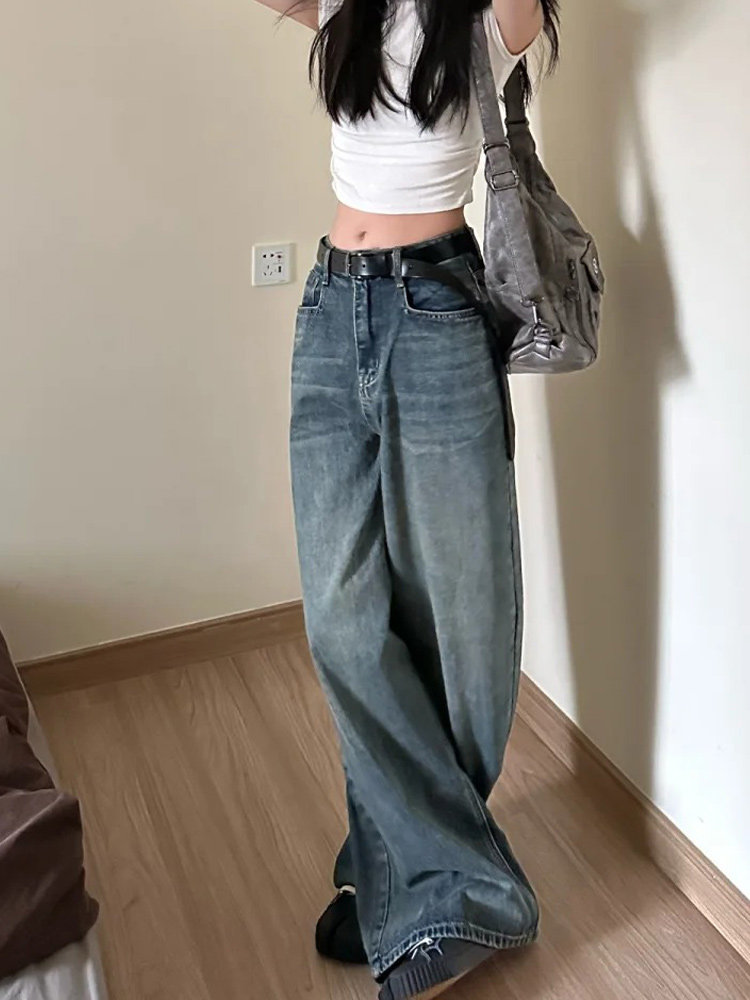 Vintage Blue Loose Wide-Leg Denim Pants for Women Summer Thin Casual Straight Trousers - Image 5