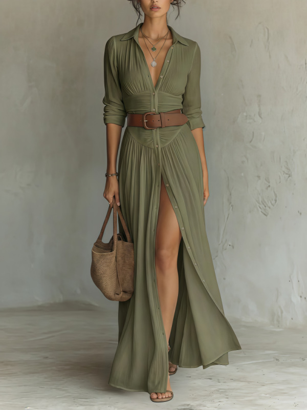 V-Neck Long Slit Shirt Dress for Women - Image 5