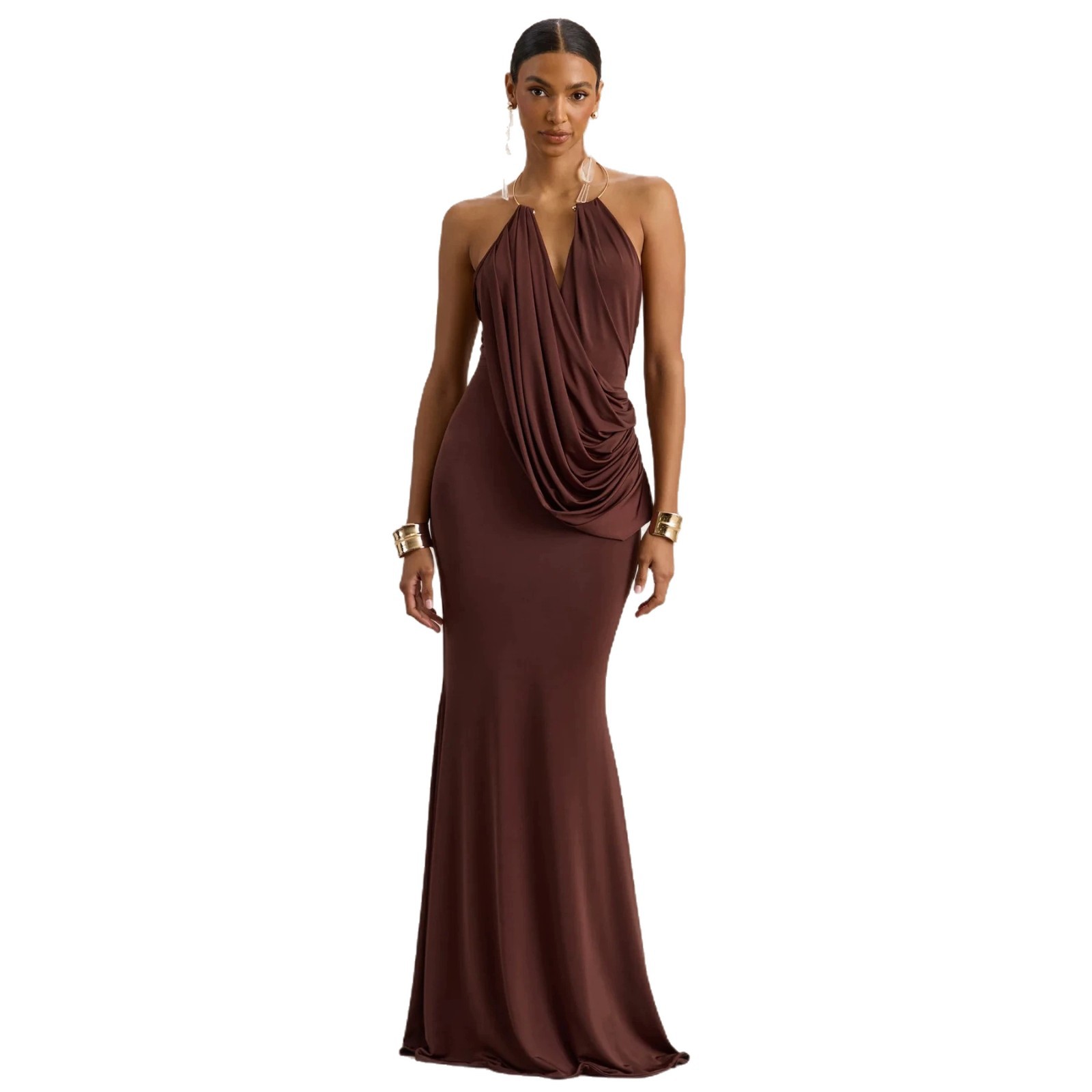 Womens Pleated Bodycon Dress with Ruffle Neck - Image 4