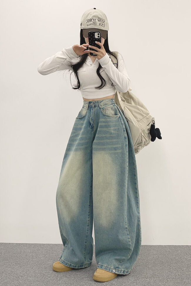 The Lucile High Waist Wide Leg Vintage Washed Denim Jeans Detail – La Rose Couture Trousers & Skirts
