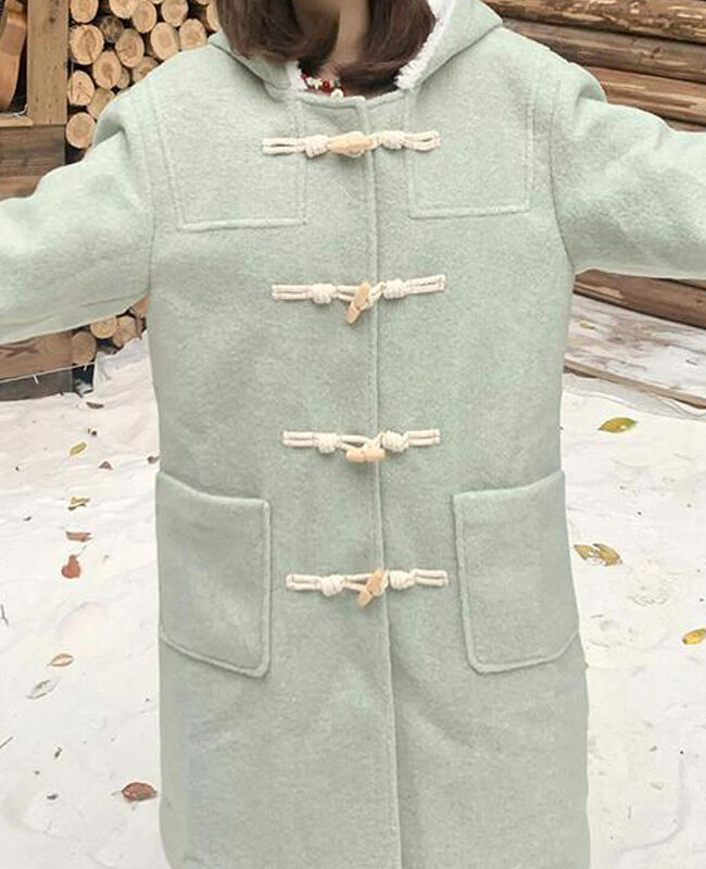 The Clarisse Mint Green Fleece Lined Hooded Lamb Wool Coat with Horn Buttons Detail – La Rose Couture Coats & Jackets