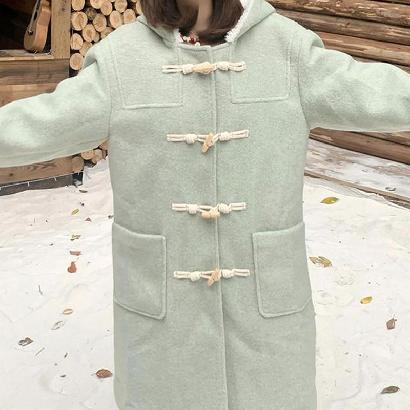 Women's Mint Green Fleece-Lined Hooded Lamb Wool Coat with Horn Buttons - Image 5