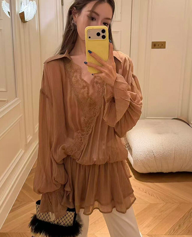 The Emmanuelle Minimalist Lace Patchwork Shirt Dress Detail – La Rose Couture Dresses & Gowns
