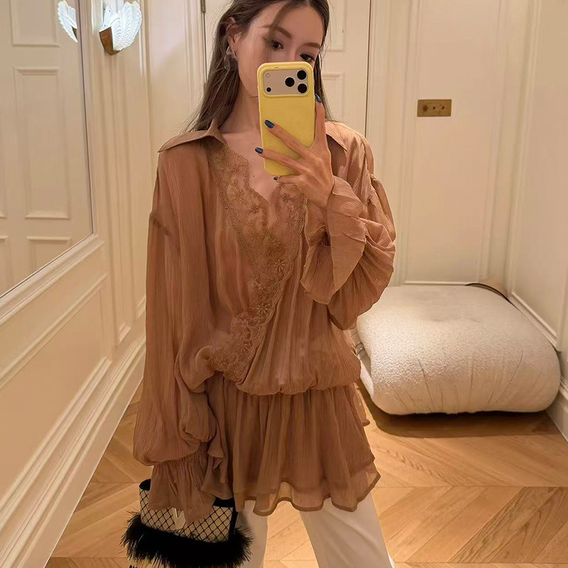 Korean Style Lace Patchwork Shirt Dress - Image 3