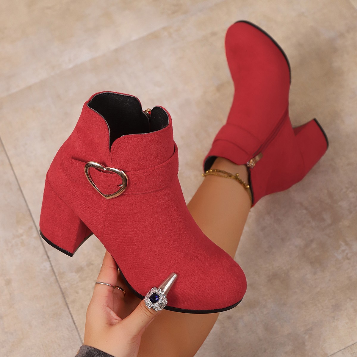 Women's Heart Metal Buckle Suede Mid-Heel Short Boots with Side Zipper - Image 4