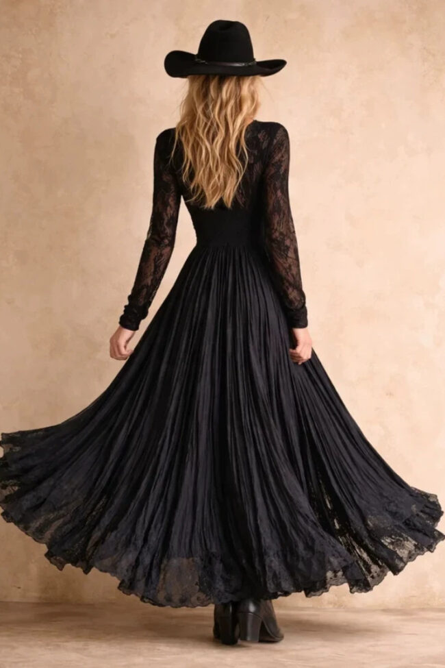 The Constance Vintage Lace Long Sleeve Deep V Neck High Waist Slit Ruffle Floor Length Dress Detail – La Rose Couture Dresses & Gowns