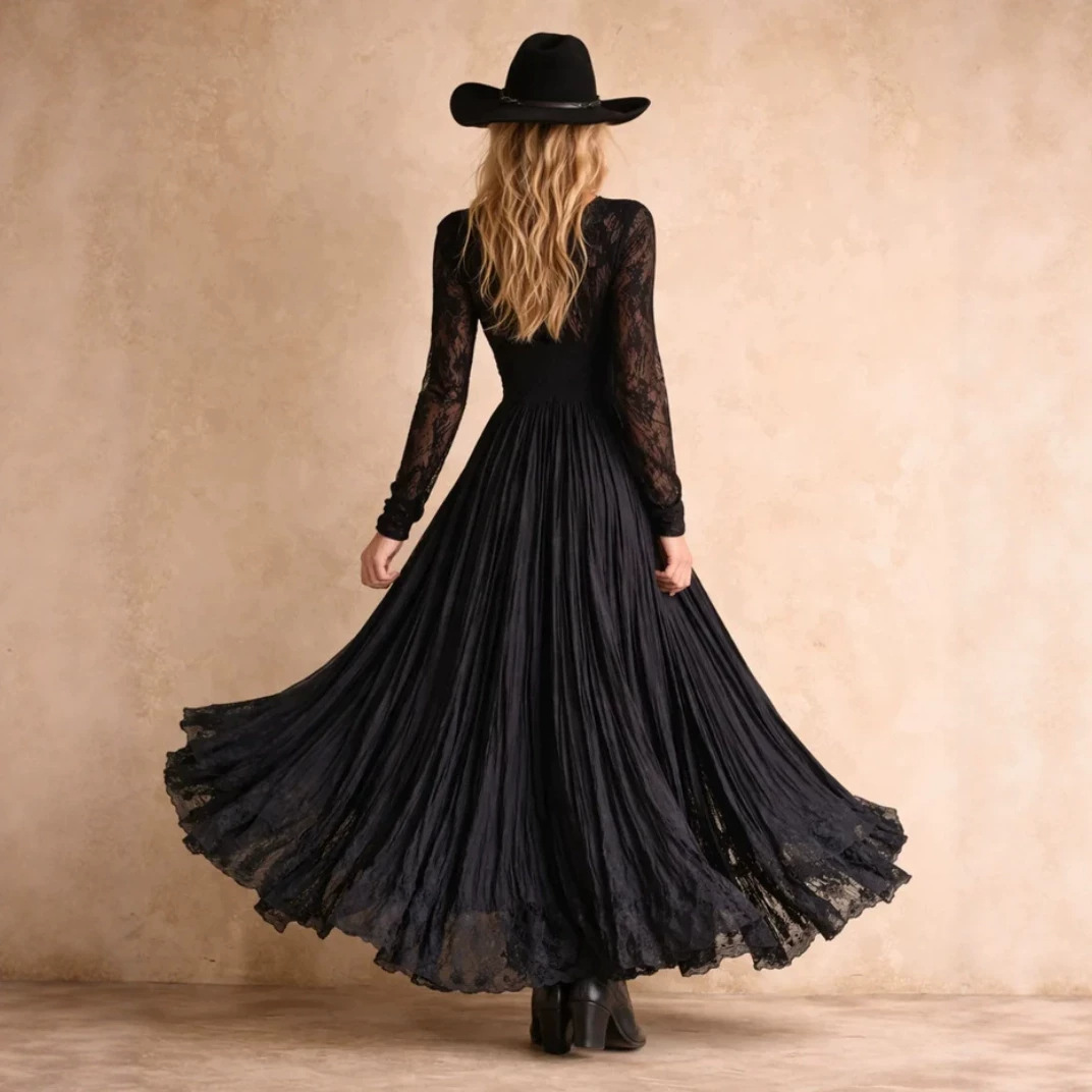 Vintage Lace Long Sleeve Deep V-Neck High Waist Slit Ruffle Floor-Length Dress - Image 4