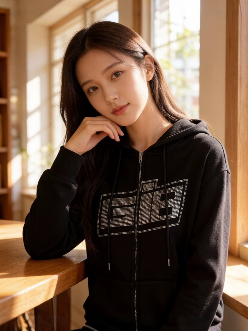 Zip Up Hoodie with Rhinestone Lettering - Image 2