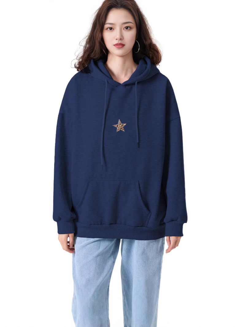 Women's Leopard Print Star Patch Fleece Hooded Sweatshirt - Image 4
