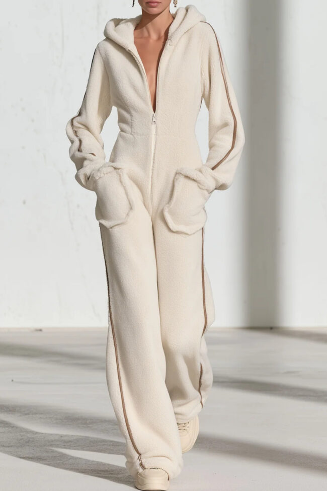 The Eleonore Hooded Zip Up Faux Shearling Jumpsuit – La Rose Couture Dresses & Gowns