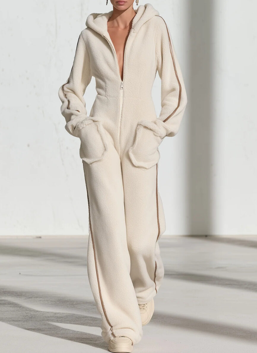 Hooded Zip-Up Faux Shearling Jumpsuit