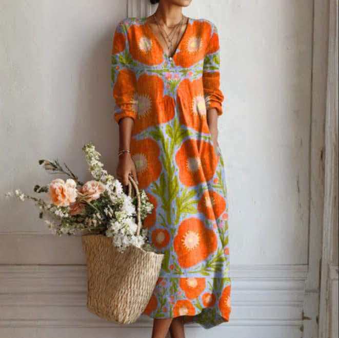Lady V-neck printed loose-fitting dress