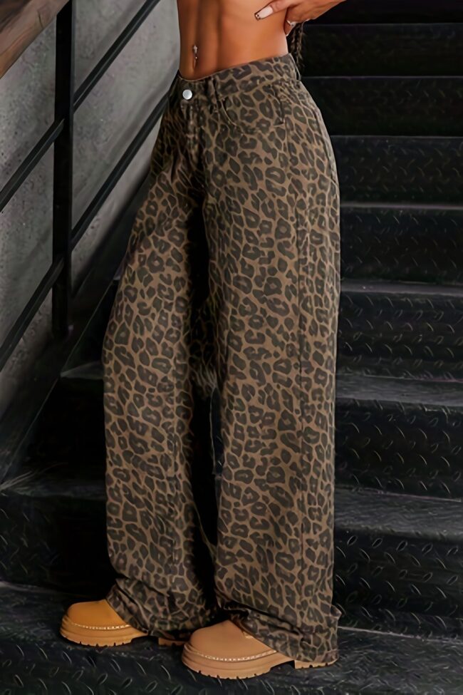 The Helene Leopard Print Vintage Washed High Waist Straight Denim Jeans Detail – La Rose Couture Trousers & Skirts
