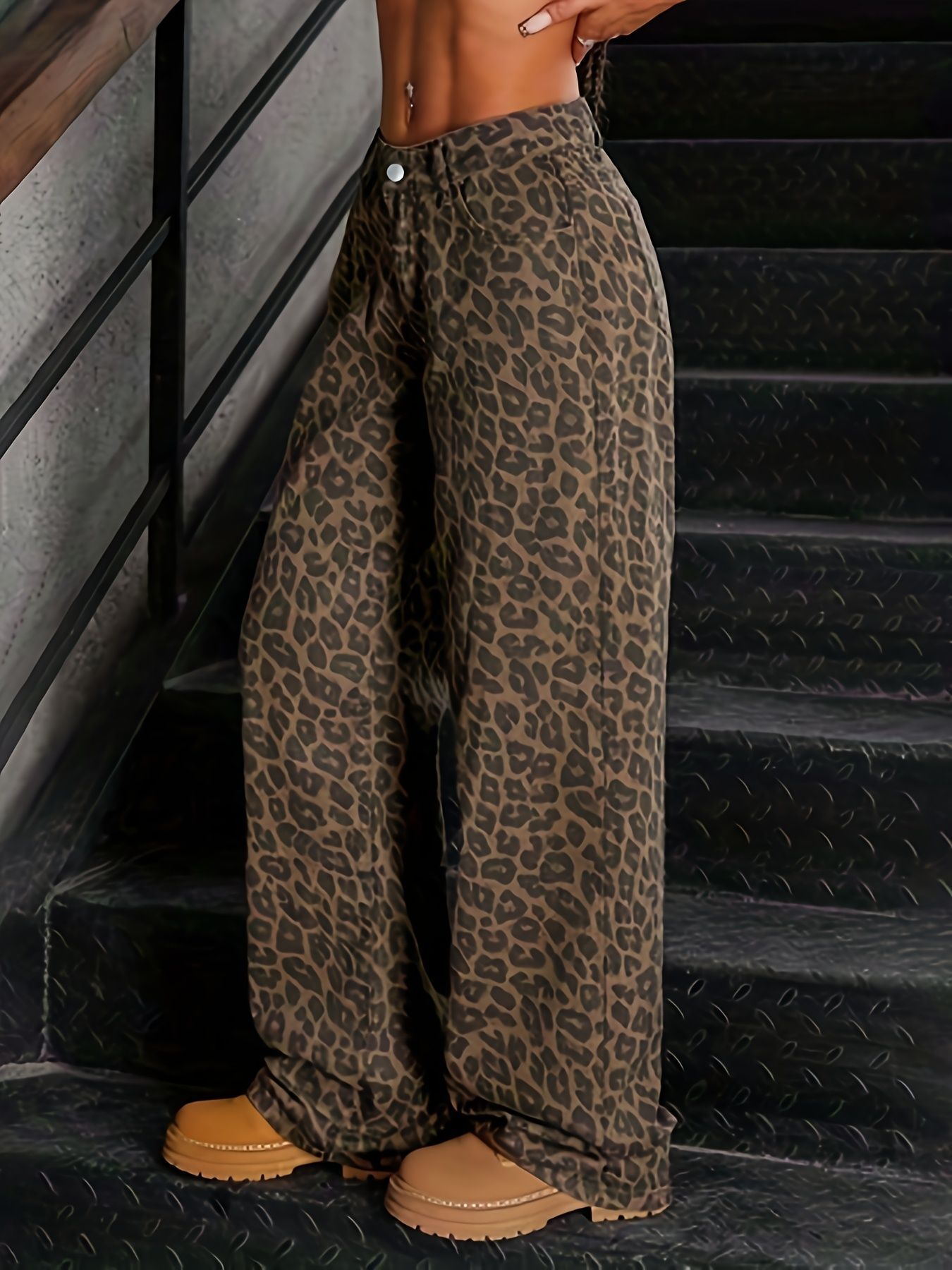 Leopard Print Vintage Washed High Waist Straight Denim Jeans - Image 2