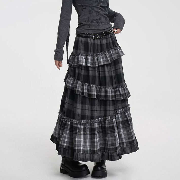 Retro Plaid High-Waisted Long Skirt with Irregular Hem - Image 3