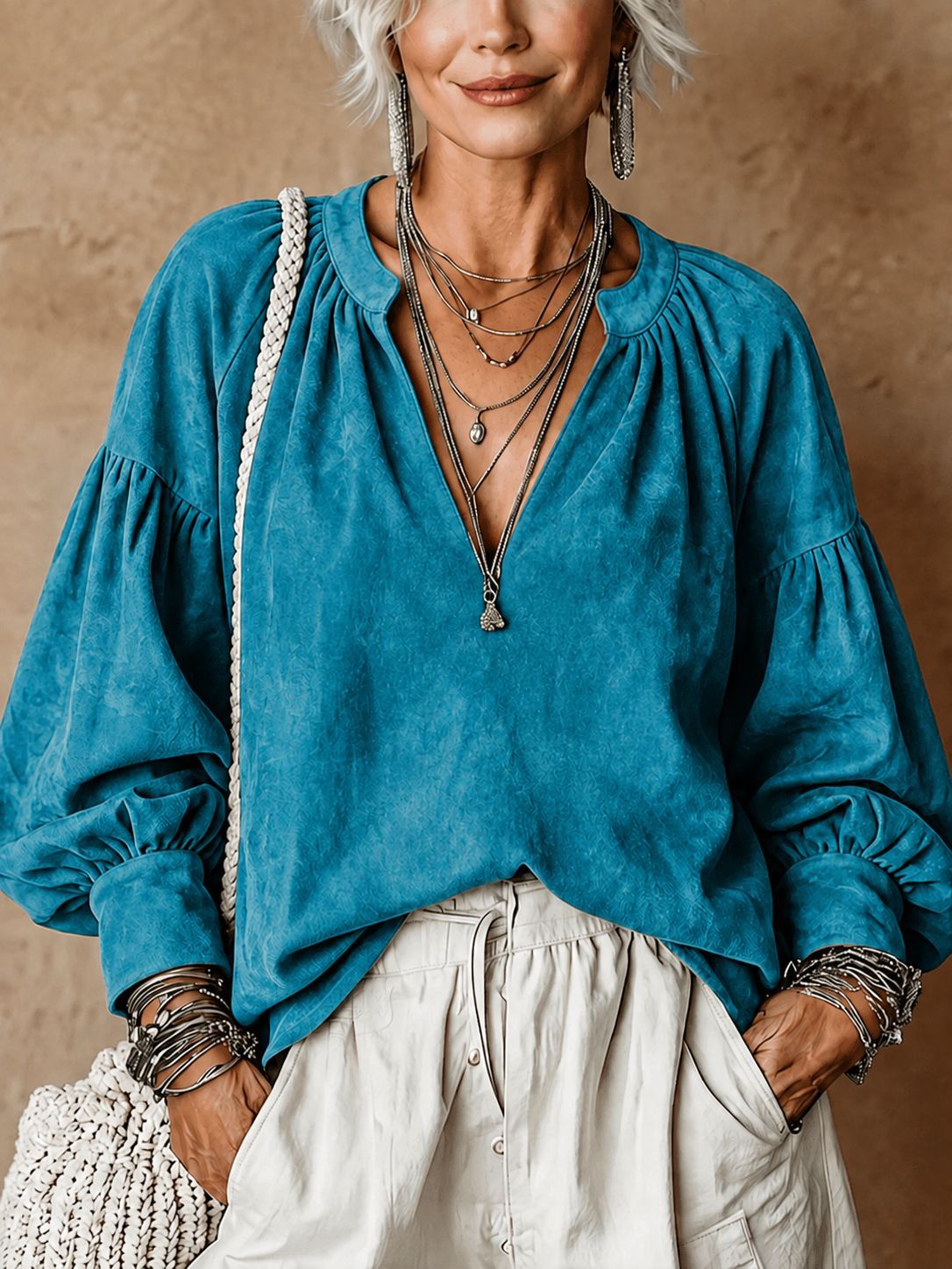 Women's Retro Ruched V-Neck Suede Loose Top - Image 5