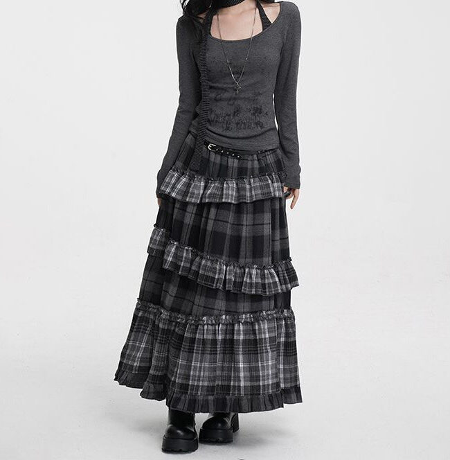 The Hermione Retro Plaid High Waisted Long Skirt with Irregular Hem Detail – La Rose Couture Trousers & Skirts
