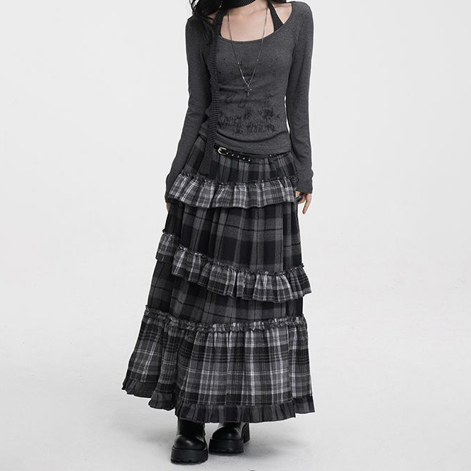Retro Plaid High-Waisted Long Skirt with Irregular Hem - Image 2