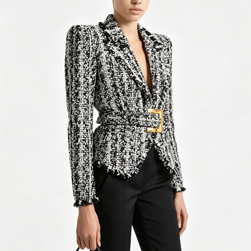 Women's Fringed Tweed Jacket Slim Fit Belted Suit Collar Long Sleeve Coat