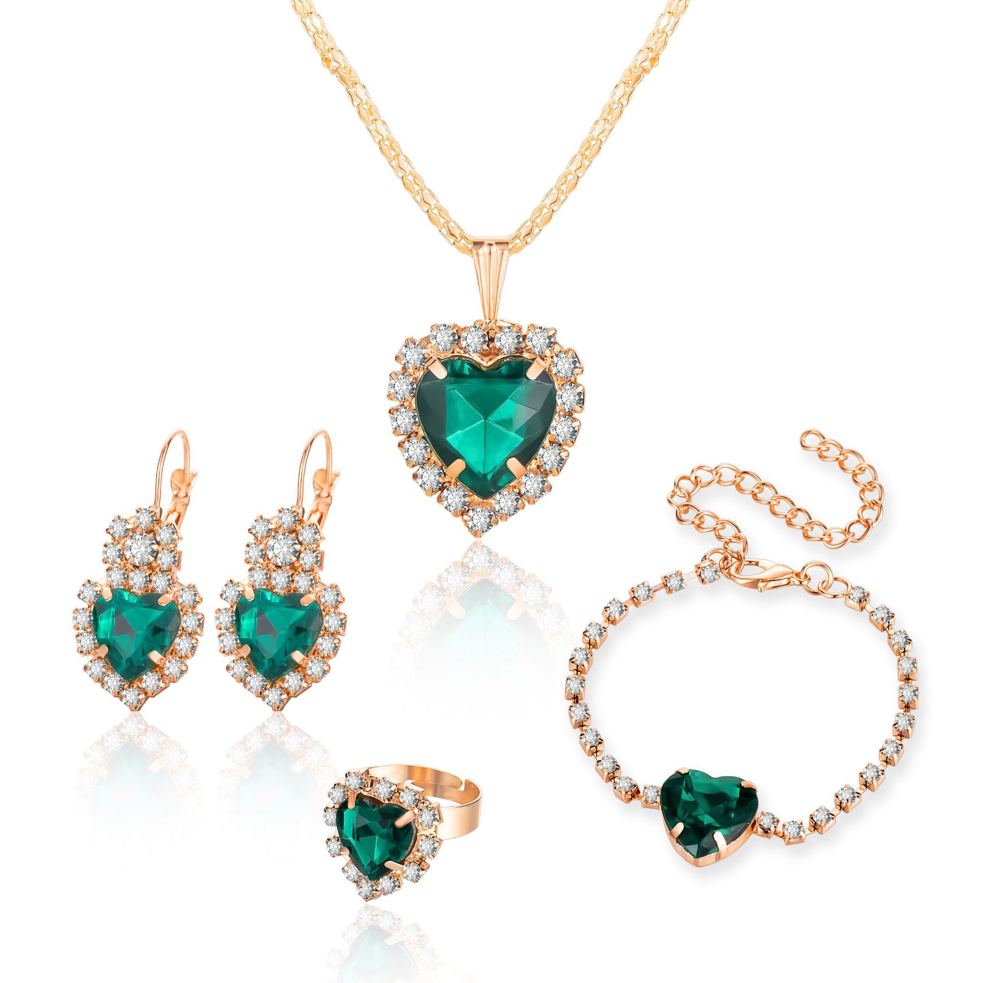 European and American Personalized Water Drop Rhinestone Necklace Earrings Ring Set - Image 2