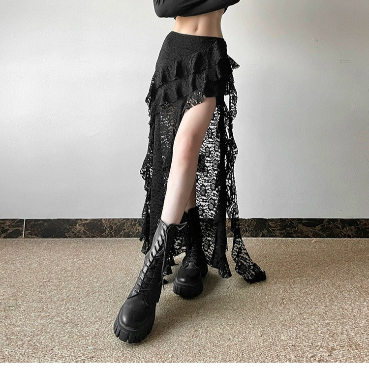 Women's Layered Mesh Overskirt with Irregular Hem and Lace Detail - Image 3