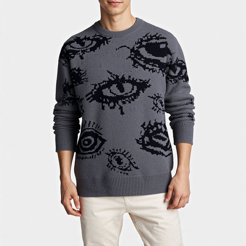 Men's Jacquard Eye Pattern Round Neck Long Sleeve Loose Knit Pullover - Image 2