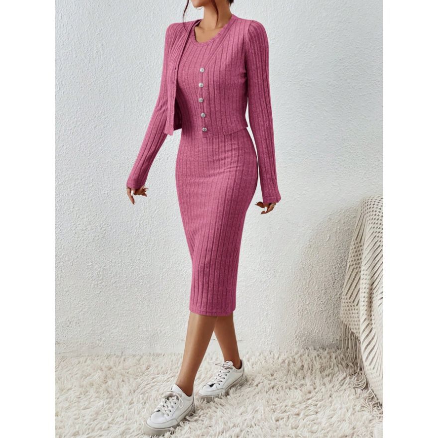Women's French Style Knitted Dress and Coat Set - Image 3
