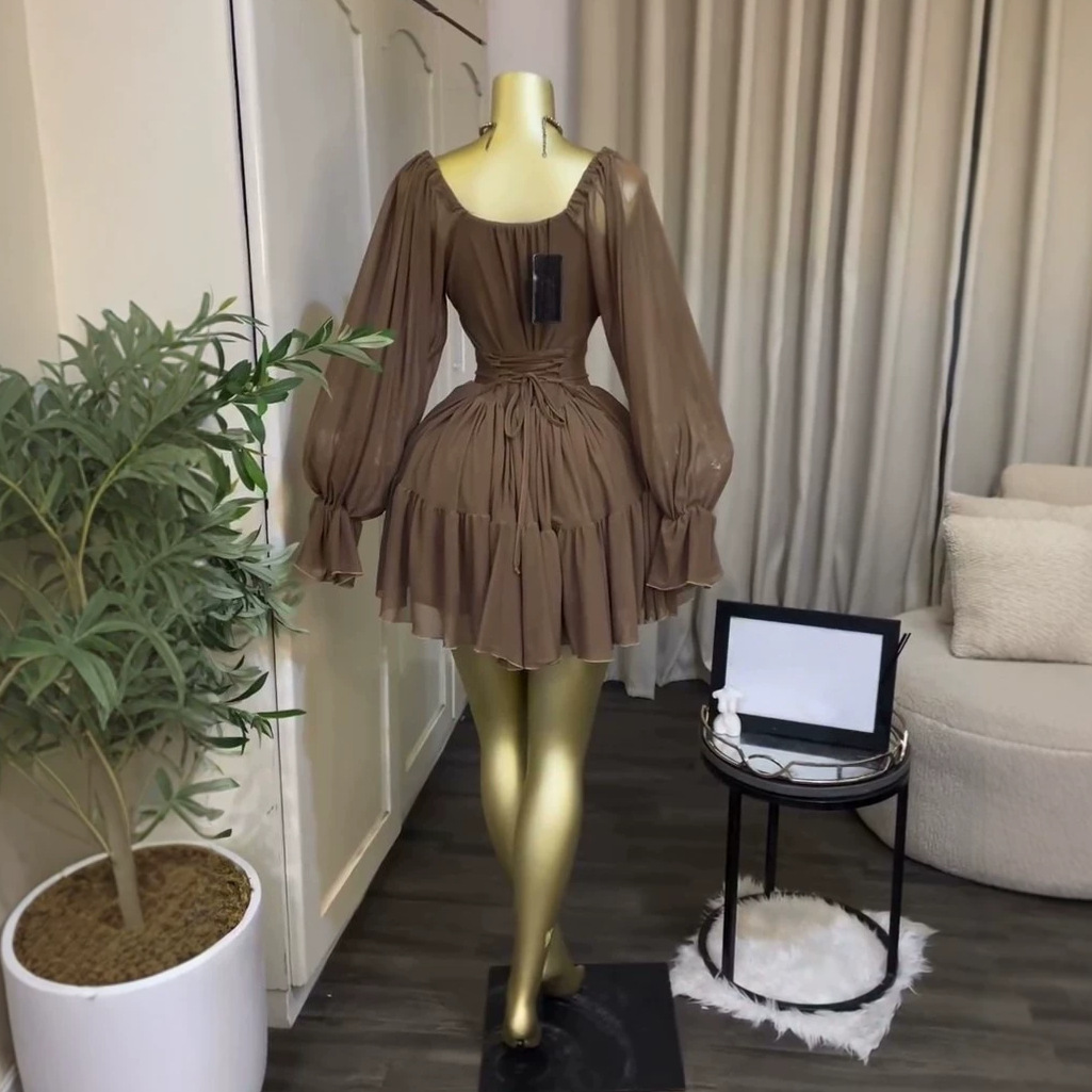 elegant ruched lace-up lantern sleeve pleated short dress - Image 3