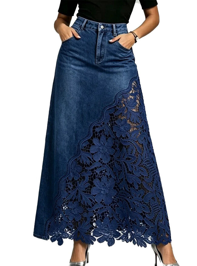 The Laure Washed Denim Lace Patchwork Long Bodycon Skirt Detail – La Rose Couture Trousers & Skirts