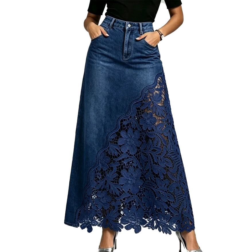 Womens Washed Denim Lace Patchwork Long Bodycon Skirt - Image 4