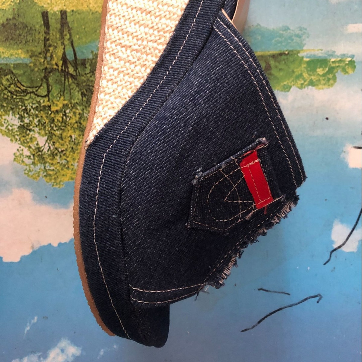 Womens Wedge Heel Denim Slip-On Sandals - Image 2