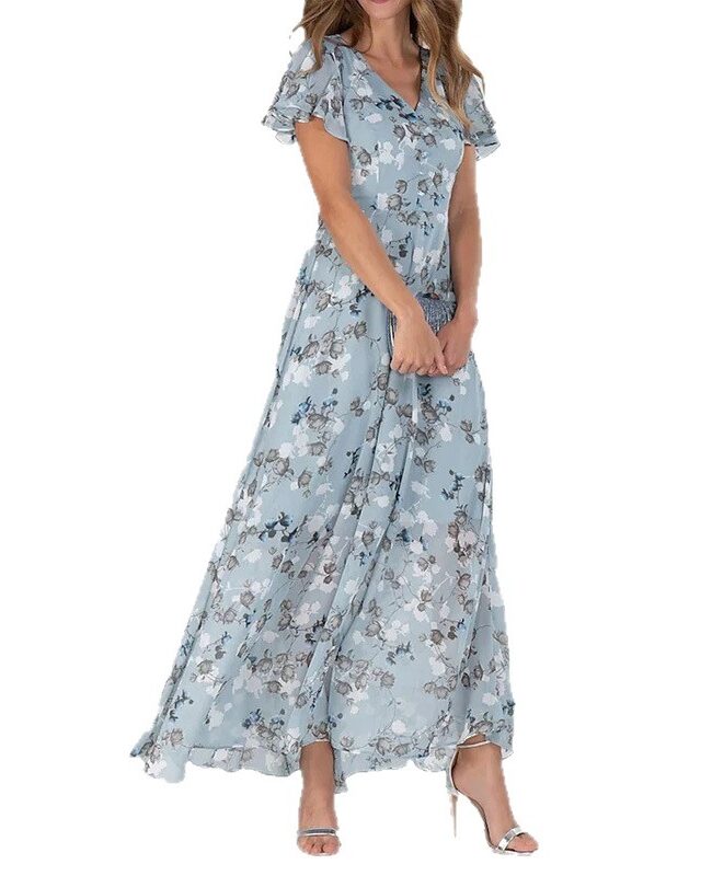 The Hortense Floral Print Chiffon V Neck Ruffled Swing Dress Short Sleeve Midi Beach Long Detail – La Rose Couture Dresses & Gowns