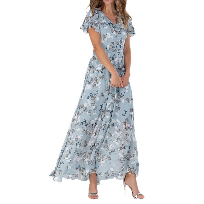 Womens Floral Print Chiffon V Neck Ruffled Swing Dress Short Sleeve Midi Beach Long Dress - Image 4