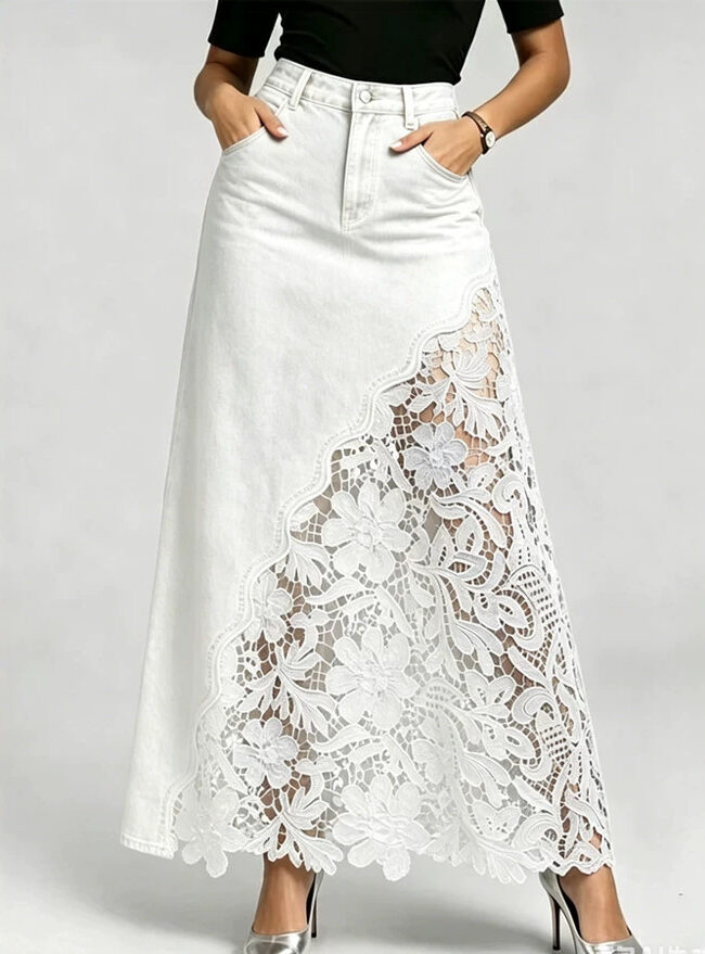 The Hortense Elegant Washed Denim Lace Patchwork Long Skirt Detail – La Rose Couture Trousers & Skirts