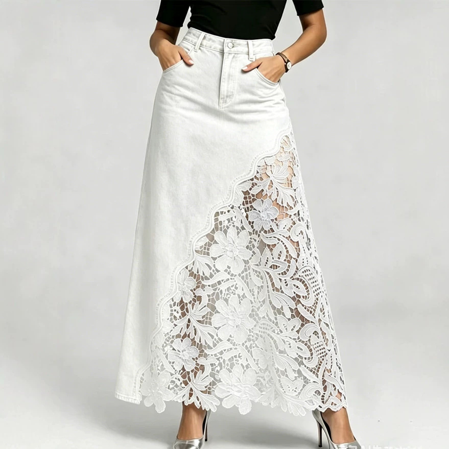 Elegant Washed Denim Lace Patchwork Long Skirt - Image 3