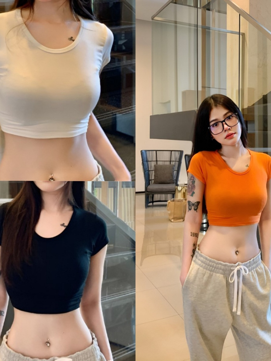 Women's Sexy Cropped Solid Color Short Sleeve U Neck Slim Fit T-Shirt