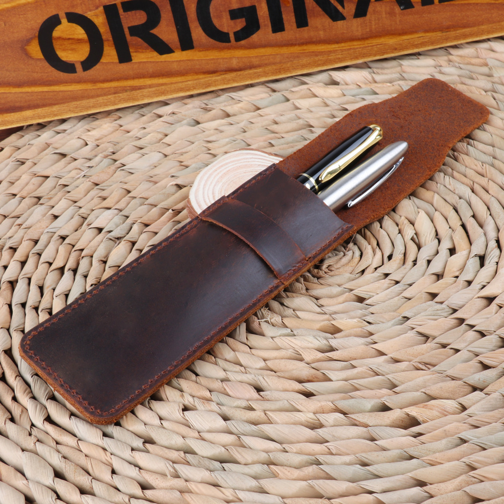 Handmade Crazy Horse Leather Pen Case Vintage Protective Pencil Sleeve - Image 3