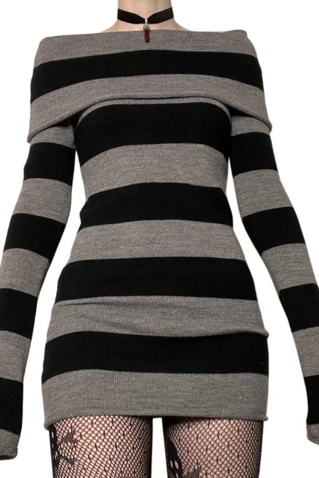 The Laurene Striped Off Shoulder Knitted Sweater Dress Detail – La Rose Couture Dresses & Gowns