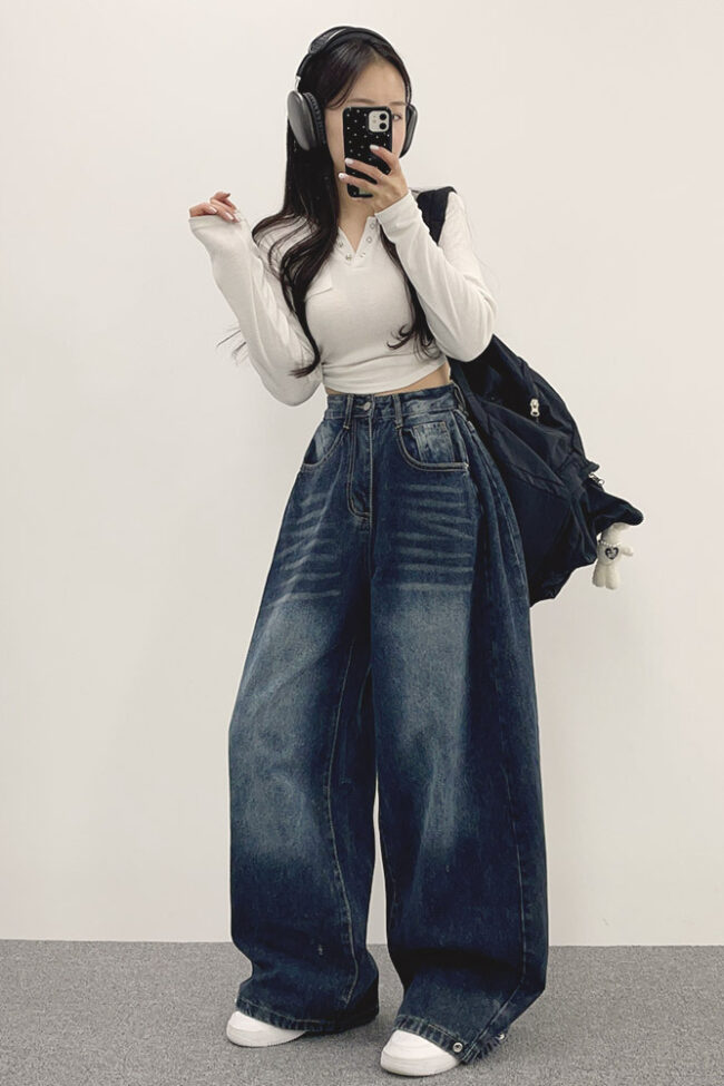 The Lucile High Waist Wide Leg Vintage Washed Denim Jeans Detail – La Rose Couture Trousers & Skirts
