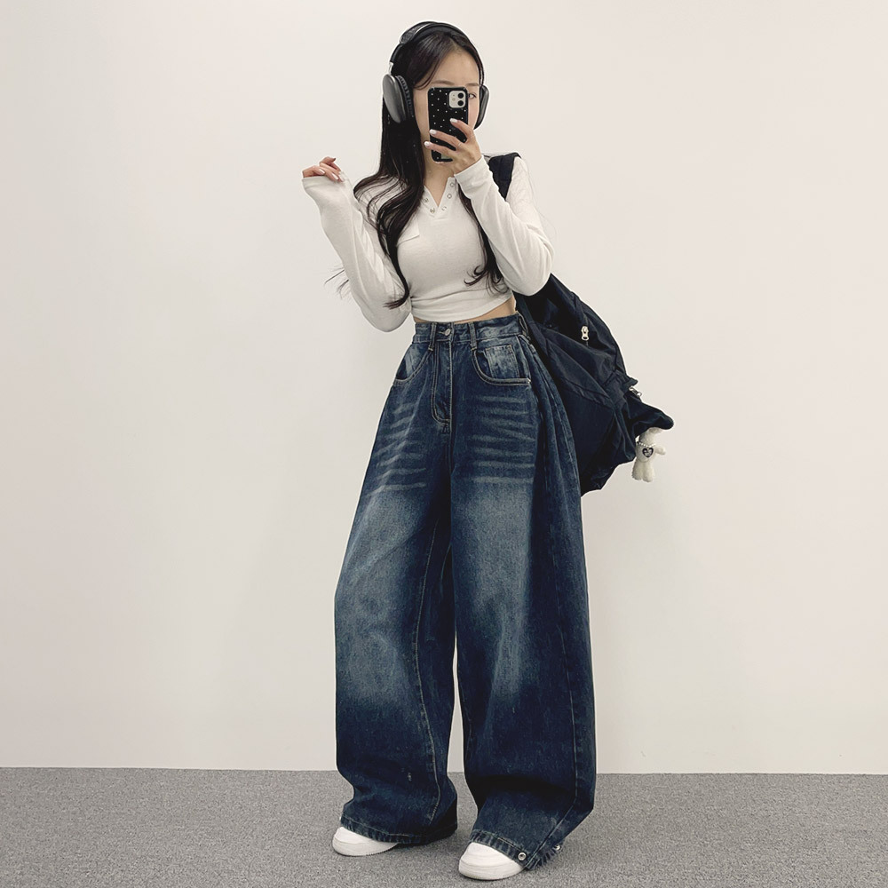 Women's High Waist Wide Leg Vintage Washed Denim Jeans - Image 2
