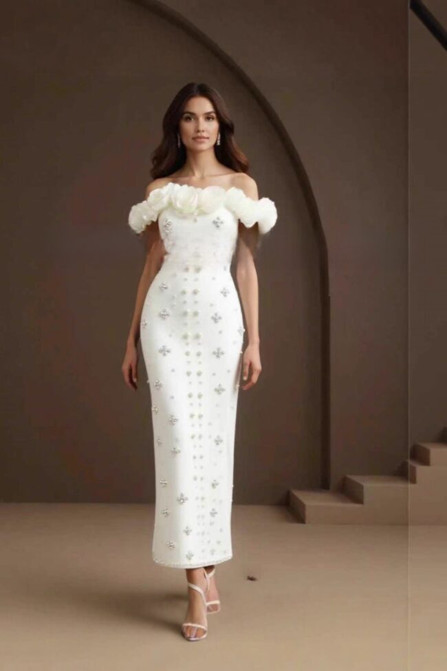 The Adele Pearl Embellished One Shoulder Bandage Dress Detail – La Rose Couture Dresses & Gowns