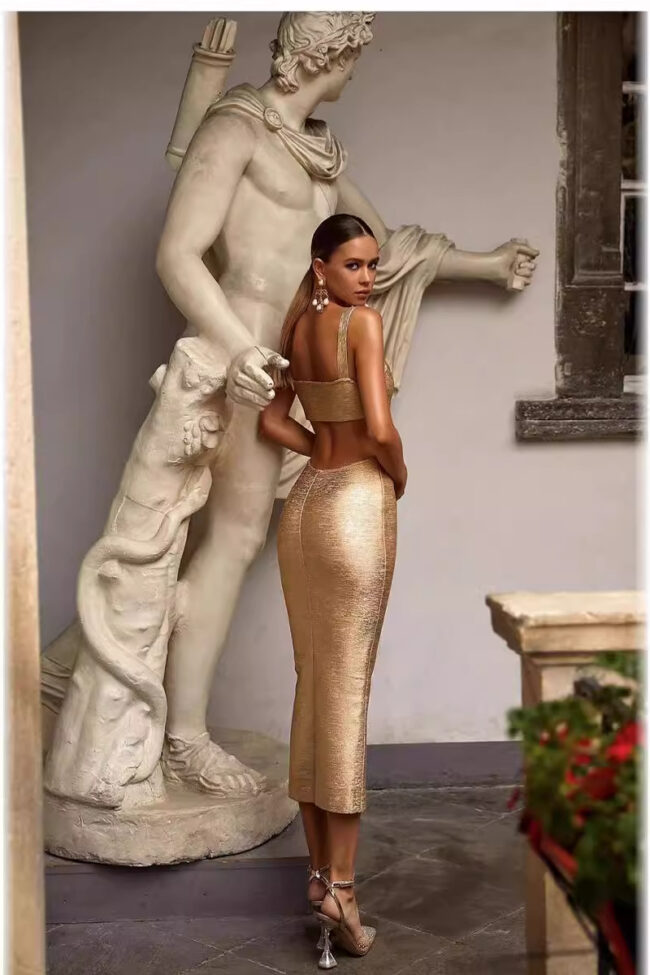 The Tatiana Light Luxury Gold Bodycon Midi Dress for Party Events Detail – La Rose Couture Dresses & Gowns