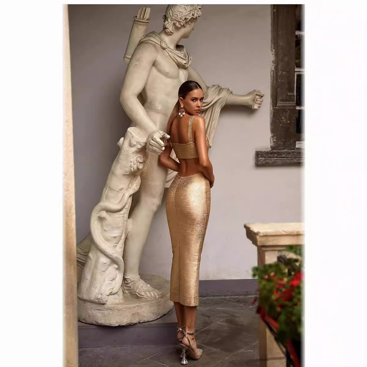 Light Luxury Gold Bodycon Midi Dress for Party Events - Image 2