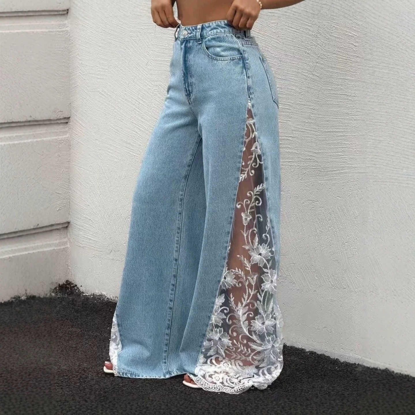 Fashion High Waist Loose Dumped Denim Trousers - Image 5