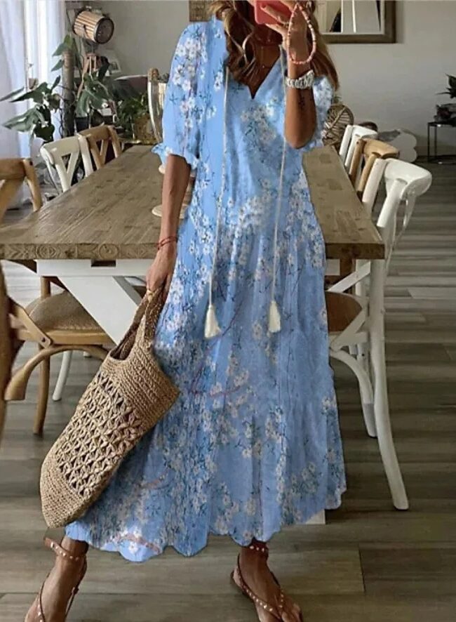 The Alix V Neck Printed Fringe Bell Sleeve Loose Maxi Dress Detail – La Rose Couture Dresses & Gowns
