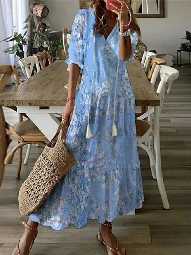 Women V-Neck Printed Fringe Bell Sleeve Loose Maxi Dress - Image 5